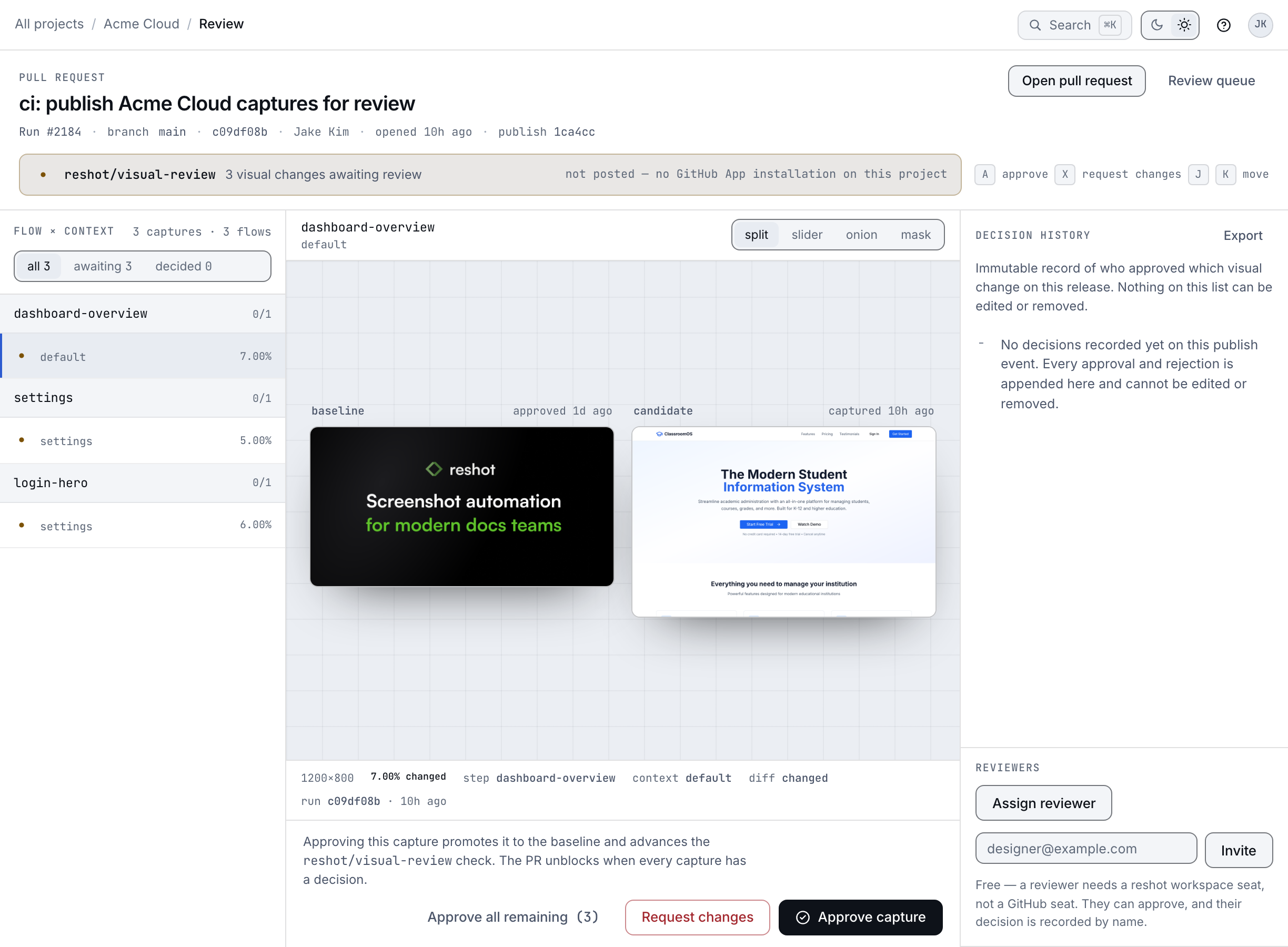 The always-fresh URLs docs page showing the same embedded visual before and after an approved update is published